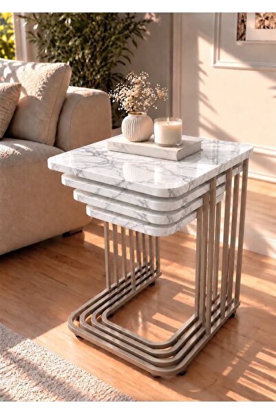 ERYALUX HOME 4'LÜ TEKERLEKLİ MODERN ZİGON SEHPA (CAPPUCCİNO - CARARA )