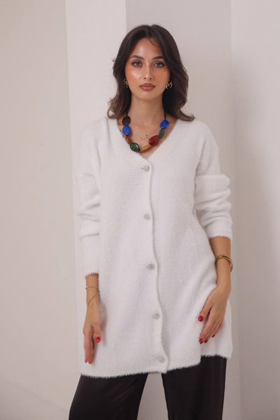 Balenbi Women's V-Neck Silver Buttoned Bearded Long Knitwear Cardigan 8603 White