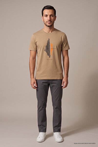 Maccali Tricou pentru bărbați Camel, cu imprimeu cu model abstract, cu gât ro...