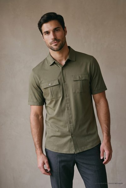Maccali Men's Trend Mercerized Double Pocket Khaki Polo Collar T-Shirt