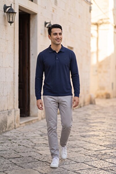 Maccali Tricou casual pentru bărbați, albastru bleumarin, cu mânecă lungă și ...