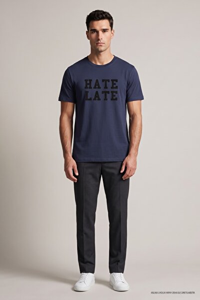 Maccali Tricou pentru bărbați, albastru marin, cu imprimeu Hate Late, cu gât ...