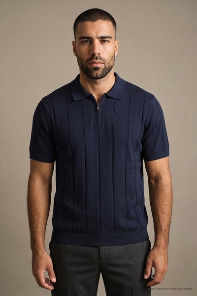 Maccali Men's Casual Comfort Fit Striped Navy Blue Polo Knitwear T-Shirt