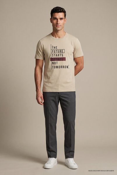Maccali Tricou pentru bărbați, bej, elastic, cu imprimeu The Future