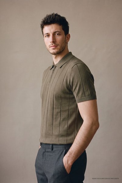 Maccali Men's Casual Comfort Fit Striped Khaki Polo Knitwear T-Shirt