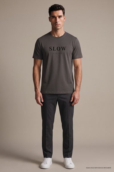Maccali Ανδρικό μπλουζάκι Smoked Slow Living με στάμπα και φαρδιά γραμμή