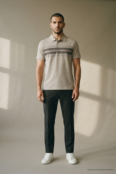Maccali Men's Patterned Relax Fit Gray Polo Neck T-Shirt