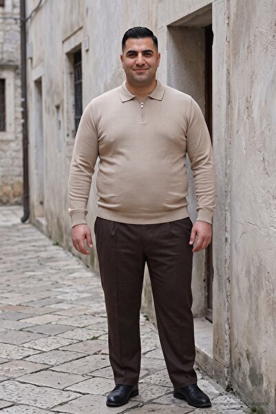 Maccali Men's Casual Plus Size Cream Zipper Sweatshirt