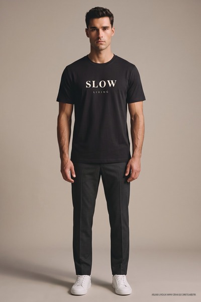 Maccali Μαύρο ανδρικό μπλουζάκι με στάμπα Slow Living και φαρδιά γραμμή