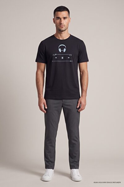 Maccali Tricou negru pentru bărbați, cu imprimeu Music Player, cu gât rotund ...