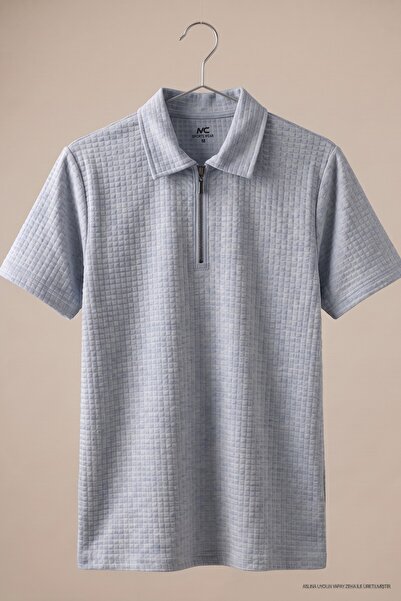 Maccali Tricou albastru pentru bărbați, cu textură tip waffle, cu fermoar și ...