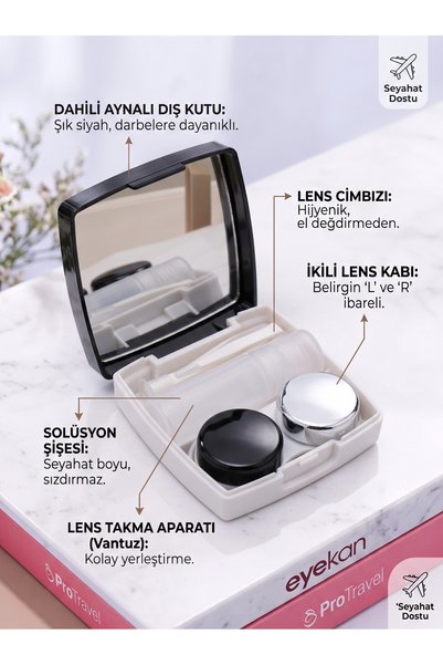 Singularis Siyah Aynalı Seyahat Lens Kutusu - Solüsyon Kabı Cımbız, Vantuz Ap...
