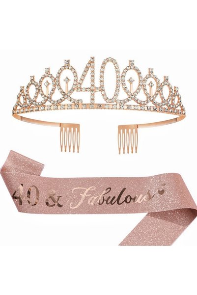 Choice Cs-Rose Gold-40 Birthday Tiara Crown Sash Women Girls 18Th 21St 30Th 4...