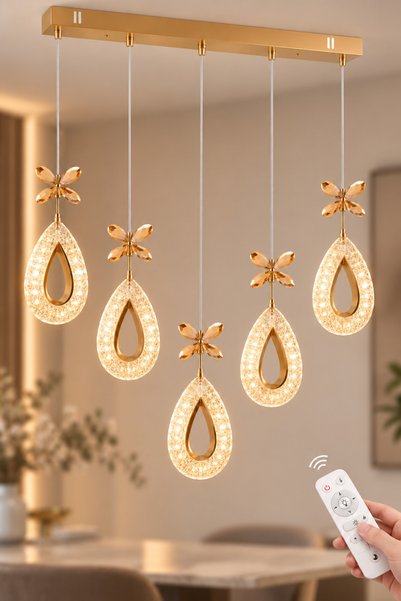 İstanbul Avize Hera Yemek Masası Gold 5'li Kumandalı 3 Renk Ledli Modern Led ...