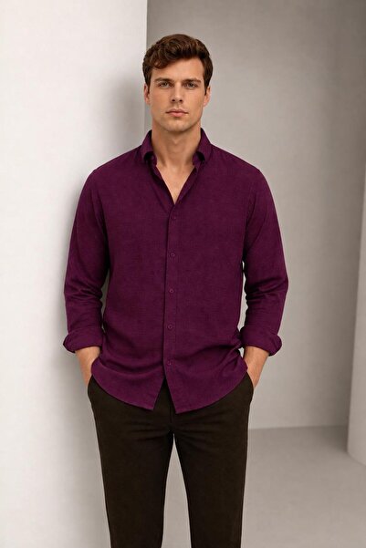 Bürke Yazlık Keten Dokulu Uzun Kollu Bordo Yarım Oversize Erkek Gömlek
