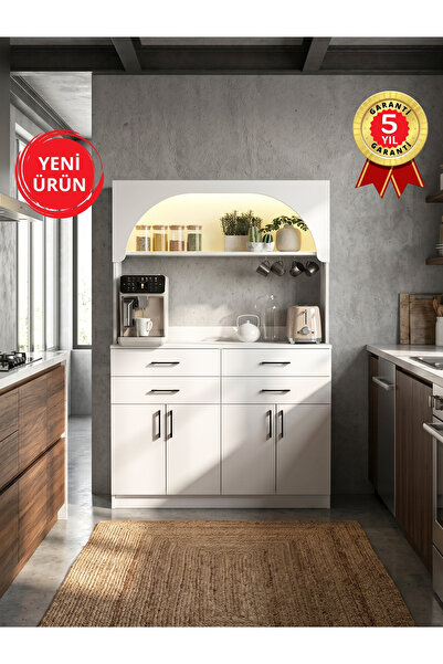 dorpek Led Işıklı Kahve Köşesi – 4 Çekmeceli 4 Kapaklı Çok Amaçlı Mutfak ve K...