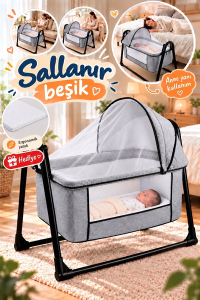 Baby Home Onest Anne Yanı Kalın Yataklı Cibinlikli Ve Tenteli, Sallanır. Port...
