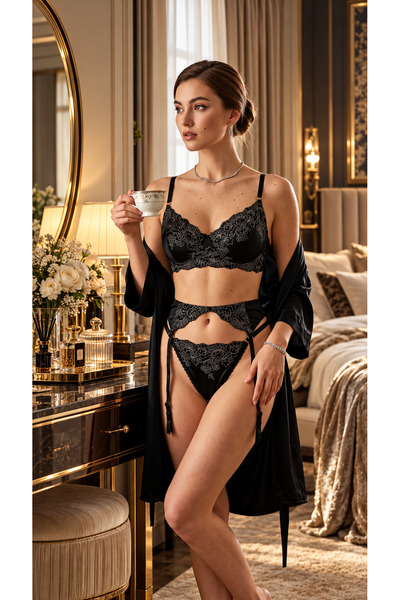 ARSIA Set de jartiere sexy pentru femei, negru, cu detalii din dantelă