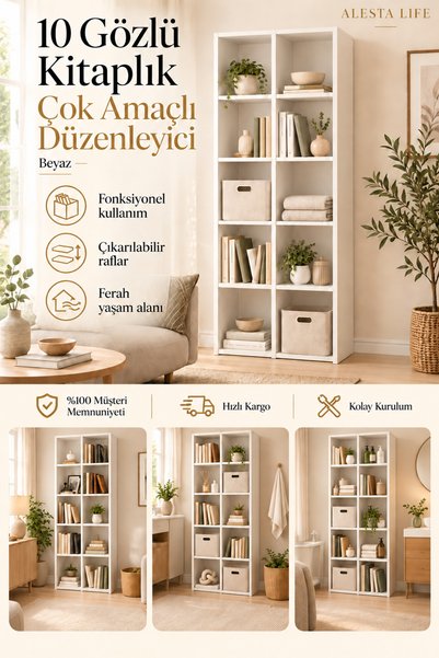 Alesta Life 10 Gözlü/Raflı Kitaplık Beyaz Kapaksız Dolap, Organizer Düzenleyi...