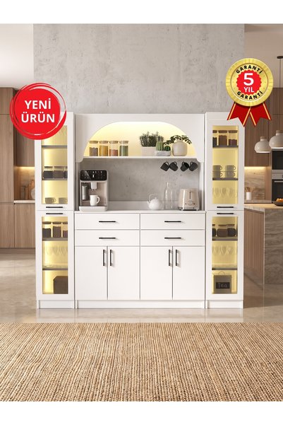 dorpek Led Işıklı Temperli Cam Kapaklı Kahve Köşesi – 4 Çekmeceli 8 Kapaklı Ç...