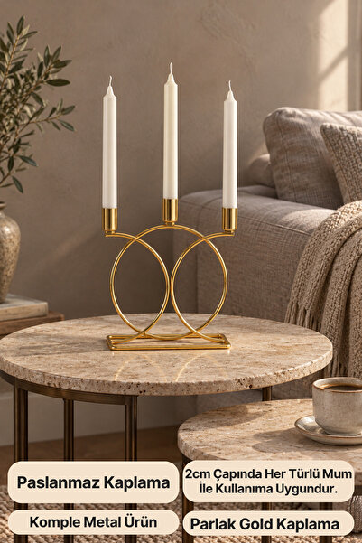 mba decor metal bending art Metal Geometrik 3 Lü ( Üçlü ) Gold Şamdan Mumluk Dekoratif Mumluk 23cm Paslanmaz Kaplama Ev Dekorasy