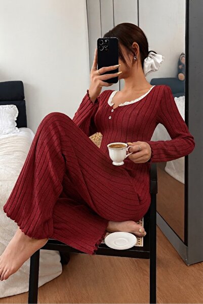 Biraltı Moda Set de pijamale pentru femei cu mâneci lungi, cu nasturi și deta...