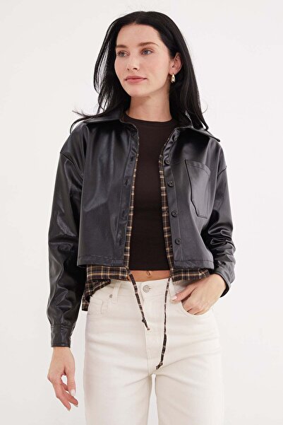 Fulla Moda Jachetă din piele artificială cu model în carouri, talie garnită ș...