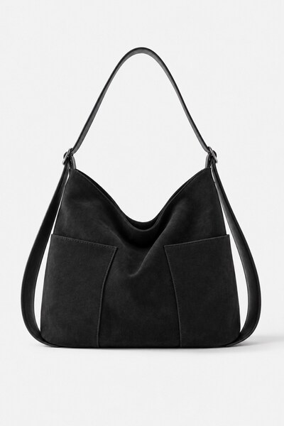 Madamra Black Suede Women's Hobo Shoulder Bag with Double Front Pockets and A...