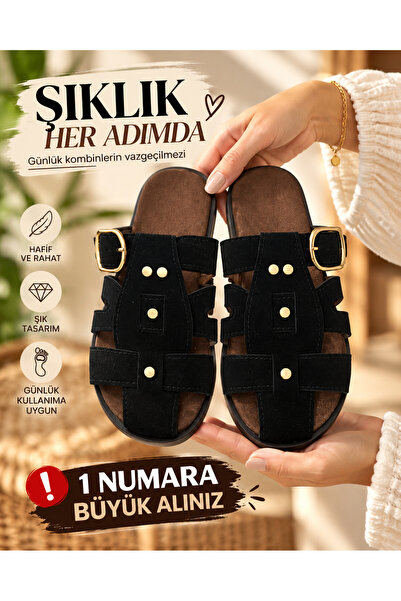 redtan Papuci de damă din piele intoarsa neagra cu catarama aurie, confortabi...