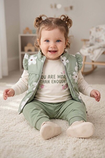 Fulla Moda Floral Patterned Zippered Vest Baby Girl 3-Piece Set