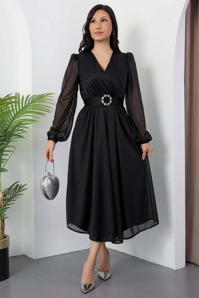 PULLIMM Rochie GRS3590 din tulle cu sclipici, cu guler, petrecută