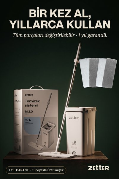 Zetter Mop Temizlik Seti, 1 Yıl Garantili, Zamanlayıcılı, 4 Bezli, Kolay Sıkmalı