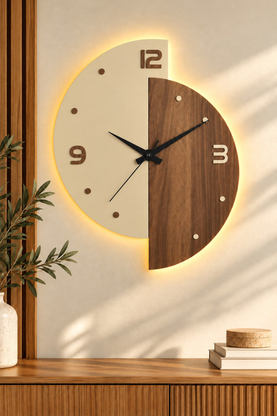 İnfigo Concept Dekoratif Ahşap Işıklı Krem-Ceviz Duvar Saati Büyük Boy 40x50 ...