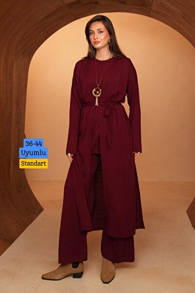 Balenbi Women's Knitwear Fabric Belted Basic 3-Piece Abaya Set 8617 Claret Red