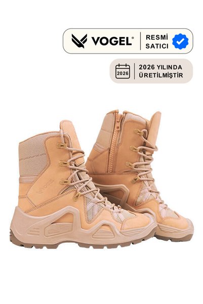 Vogel M1491 Fermuarlı Nubuck Deri Askeri Bot - 4 Mevsim Bej