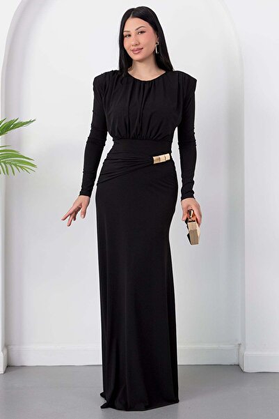 PULLIMM Crew Neck Long Sleeve Dress with Buckle at Waist K-262732