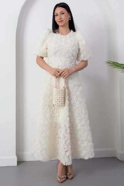 PULLIMM Crew Neck Balloon Sleeve Rose Tulle Dress Grs3876