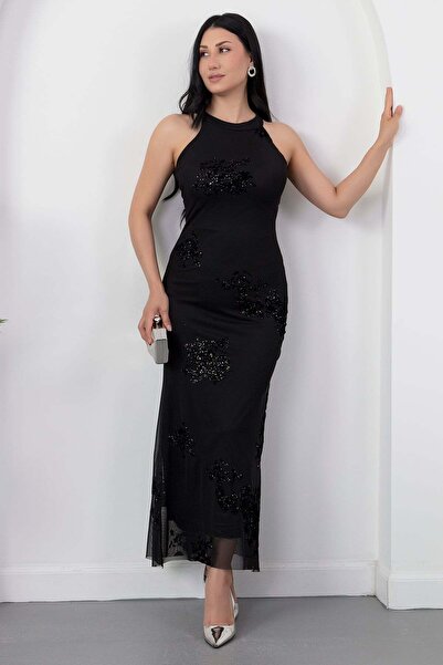PULLIMM Rochie din tul flocat cu sclipici, cu decolteu halter DKS1456