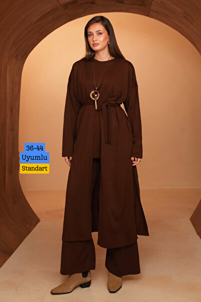 Balenbi Women's Knitwear Fabric Belted Basic 3-Piece Abaya Set 8617 Brown