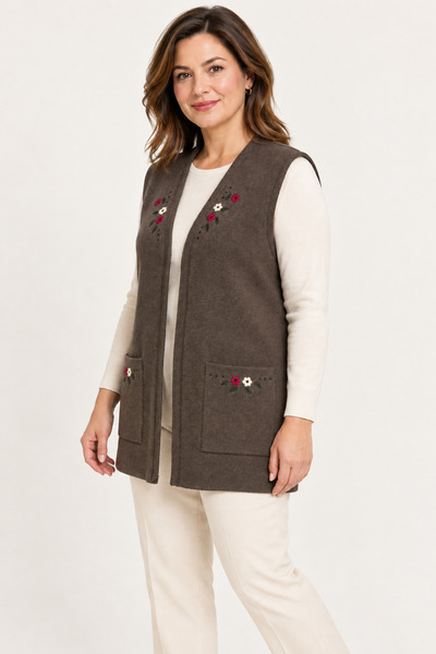 Mutlu City Women's Middle Age and Above Knitwear Knitted Buttonless Cross Stitch Pattern Embroidered Mother's Vest 310
