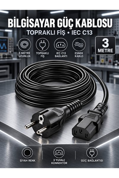 MVLH Power Güç Kablosu 3 Metre C13 3pinli Monitör Bilgisayar PSU Terazi Baskül Elektrik Ceryan Güç Kablosu Pc Tv Bilgisayar Printer Power Şarj Kablosu Baskül Kantar Terazi Güç Kablosu