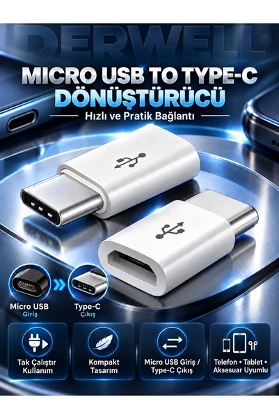 Derwell Micro To Type-c Usb Dönüştürücü Otg ( Mİcro Dişi - Type-C Girişi Erke...