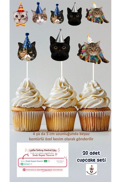 Sinek Kupası Tasarım Kedi Temalı Konsept Kürdanlı Cupcake Süsü Doğum Günü Süs...