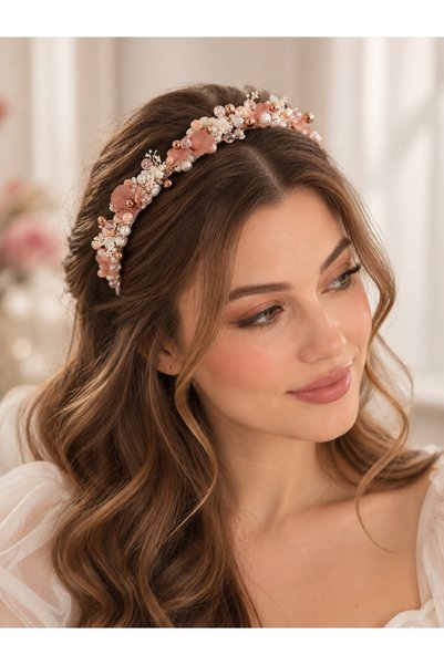 Tasarım Handmade Salmon Rose Crystal and Pearl Stone Mother Baby Crown Set |   Maternity Crown, Delivery and Hospital Exit Accessory