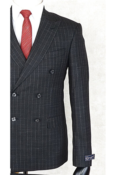 Jan Carlucci Slim Fit Sivri Yaka-Çift Yırtmaç Siyah Kareli Kruvaze Drop 6 Takım Elbise