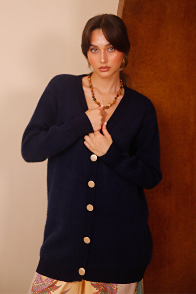 Balenbi Women's V-Neck Bronze Buttoned Bearded Knitwear Cardigan 1142 Navy Blue