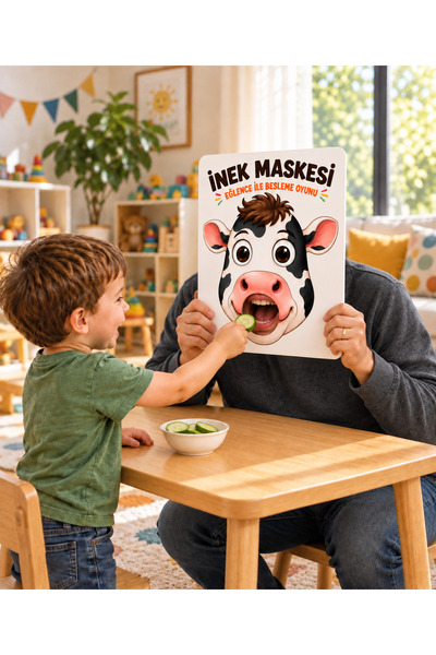 TOTTERİQ Cow Mask Fun Feeding Game Wooden Child and Parent Interaction Game Animal Mask Montessori Education