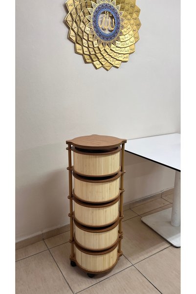 MİHMAN HOME Bambu 5 Katlı Tekerlekli Çok Amaçlı Ahşap Patates Soğan Sepeti
