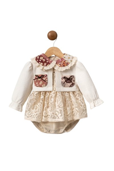 Le Mabelle Ecru Floral Collared Cardigan Long Sleeve Girls' Dress Set - Fiona