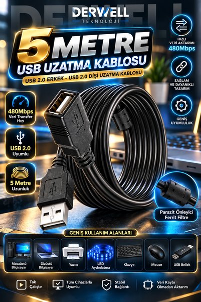 Derwell 5 Metre 5mt Yüksek Hız Usb Uzatma Kablosu Uzatıcı Ara Kablosu Dişi Er...